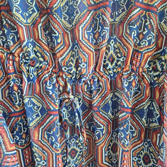 Jessica Simpson Sheer Tunic Blouse L Blue Red Ruffles Sheer Elastic Waist Boho - Picture 6 of 12